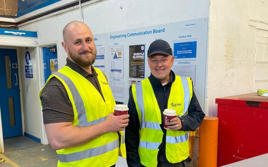 Great to see Joe Rogers, Astra’s south-west Project Manager, visiting one of our south-west-based engineers, Scott Bratcher. Joe visited Scott on site in Exeter recently for a coffee, catch-up & site audit.